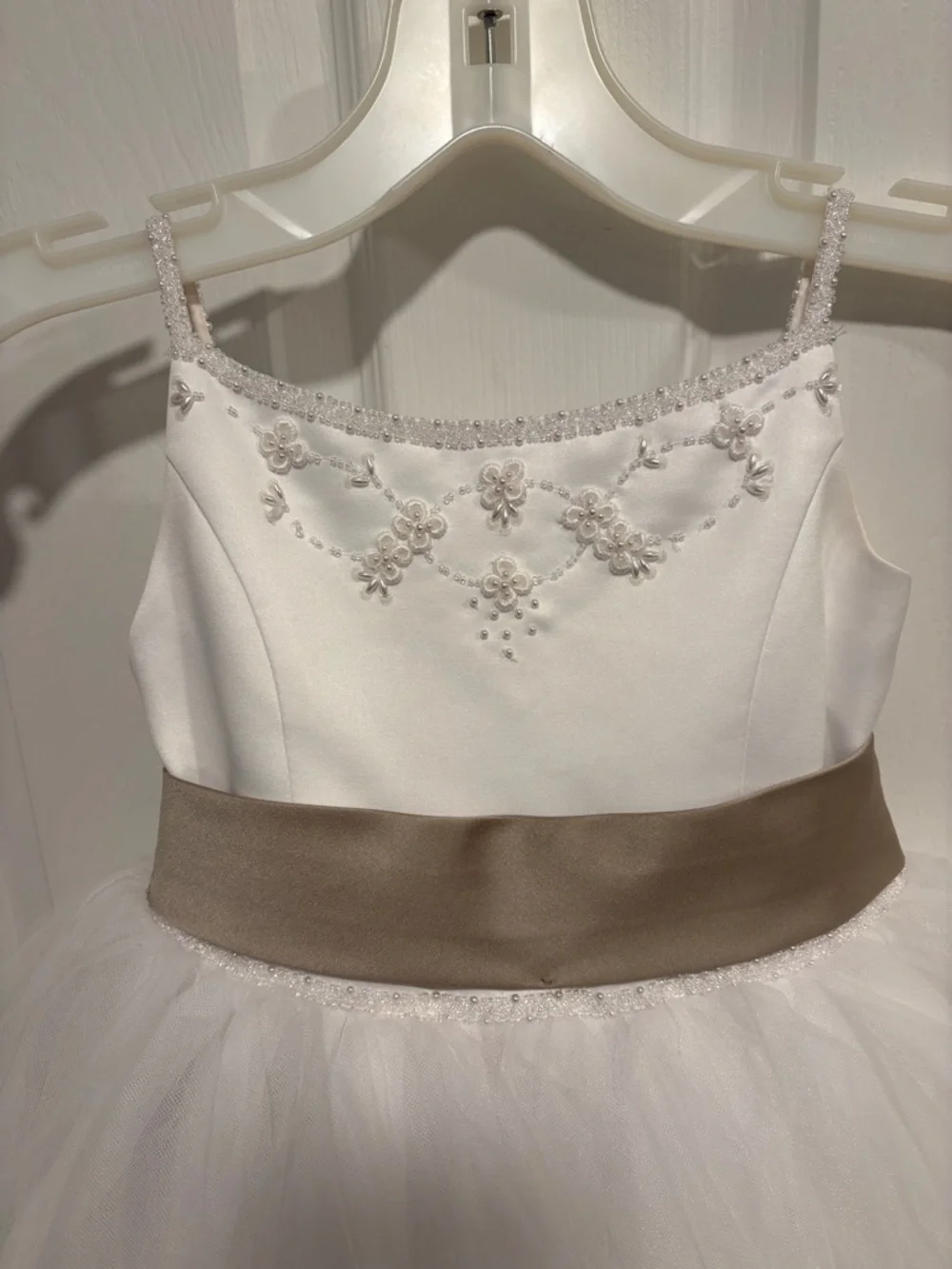 David's Bridal White Tulle Flower Girl Dress with Taupe Sash - Picture 2 of 3